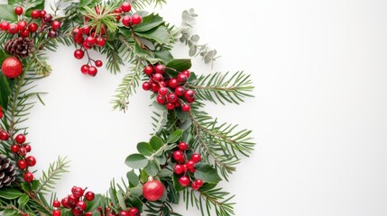 Christmas wreath decorated with red berries, pine branches, and pinecones on a white background, creating a festive holiday atmosphere.