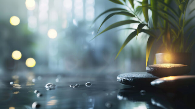 Background still life for salon spa center with massage stones. Background with copy space