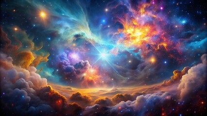 Obraz premium Celestial Tapestry A Dreamlike Landscape of Stars and Clouds, Galaxy, Space, Universe, Nebula