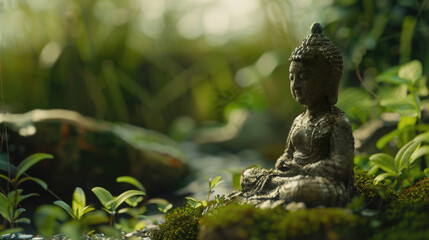 Buddha statue in meditation in the garden with bokeh background in soft light