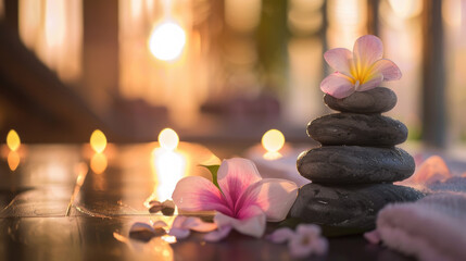 spa background with towels, flowers and massage stones in candlelights
