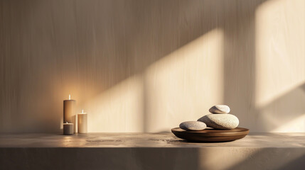 Spa still life spa massage room background with burning candles and massage stones