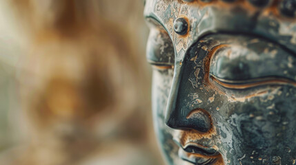 Close-up macro details buddha statue face in focus with gentle bokeh and warm light