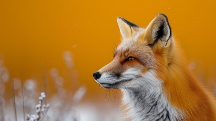 Fototapeta premium Red fox happily frolicking in the snow on an orange background, showcasing its cunning nature in a majestic portrait. Sunset or sunrise adds warmth to the cold environment