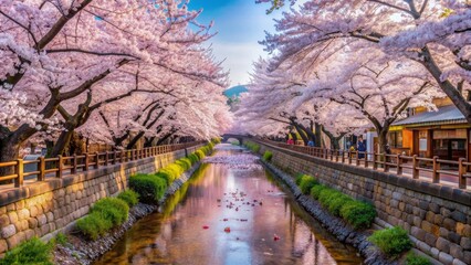 Cherry Blossoms Frame a Serene Canal in Japan, vibrant pink flowers, tranquil water, stone wall, traditional architecture, Japan, cherry blossoms