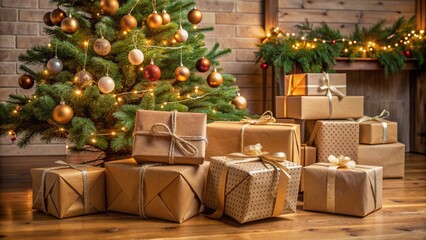 Obraz premium Christmas Tree and Wrapped Gifts in Rustic Setting, Christmas, Gift Wrapping, Festive, Holiday