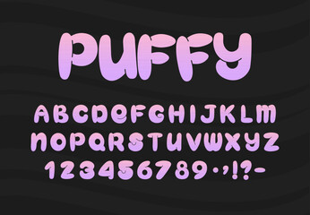 Cartoon Bubble Font. Puffy plump font featuring uppercase letters, numbers and punctuation in pink and purple colors. Perfect for children's designs, party invitations, logos and typography. Vector.