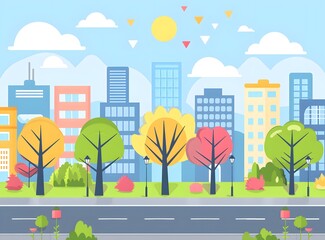 Spring Cityscape With Trees And Buildings Illustration
