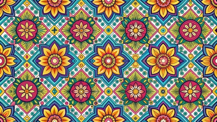Colorful Floral Tile Pattern, Digital Illustration, Geometric, Mandala, Tile