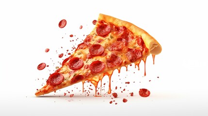 Template with delicious tasty slice of pepperoni pizza flying on white background.