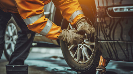 Obraz premium changing a tire on the road in rainy weather