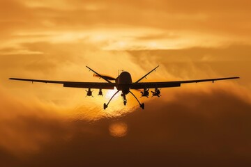 A plane flies in the sky as the sun sets behind, creating a beautiful orange glow