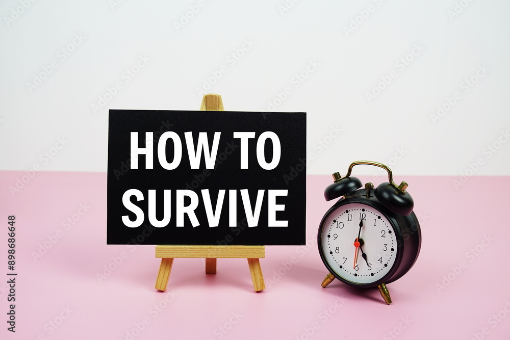 Poster how to survive text on paper card with alarm clock on pink background