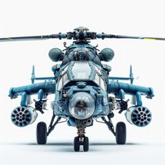 Medium shot of Mi-24 helicopter, isolated on a white background, bright and vivid tonality, 