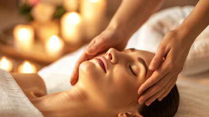 Naklejka premium woman face massage session closeup in spa center with bokeh background