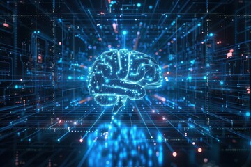 Fototapeta premium abstract representation of artificial intelligence with glowing neural network futuristic processor design surrounded by holographic data streams in cool blue tones