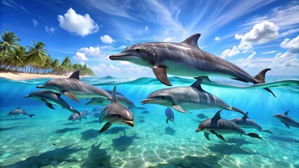 Naklejka premium Dolphins Leap Through Crystal Clear Water Over Tropical Island Beach, Digital Art, Underwater, Marine Life, Tropical Paradise, dolphin, ocean