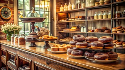 Fototapeta premium Donuts on Display in a Vintage Bakery, Food Photography, Doughnuts, Bakery, Dessert