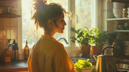 Woman in sunny kitchen