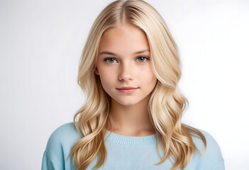 young blond girl posing studio white background high resolution high details vibrant