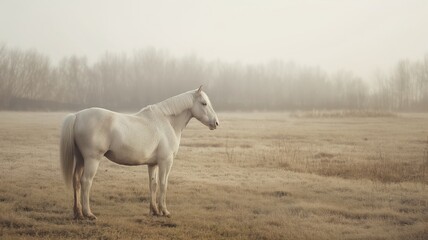 Naklejka premium Magnificent Majestic White Horse Grazing in a Serene Mist-Covered Pasture on a Tranquil Morning, Mane and Tail Beautifully Fluttering in the Gentle Breeze