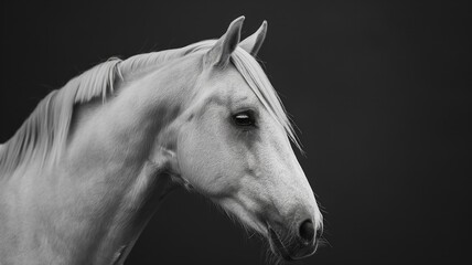 Close-up of a majestic white horse s head against a dramatic black background, ideal for a variety of projects and designs