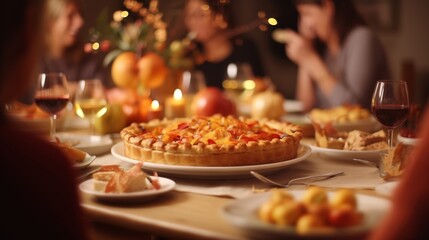 Thanksgiving family dinner. Traditional apple pie and vegan meal close up, with blurred happy people around the table celebrating the holiday.