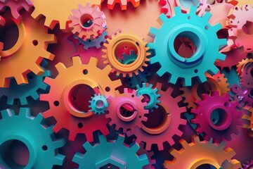 abstract representation of crm system using interconnected geometric gears in vibrant colors