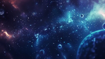Starry cosmic background with blue galaxy, planets, and nebulae