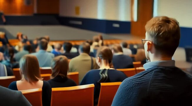 Business people or students are watching a presentation or attend a training or seminar in a lecture hall or auditorium. Conference hall full of people participating in the business training