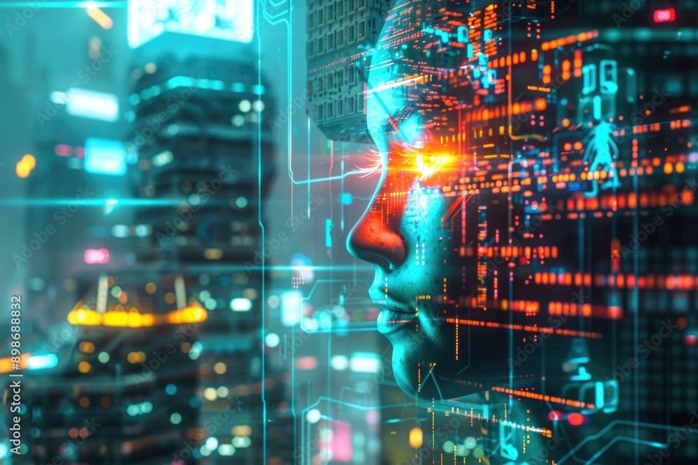 Poster a person with a futuristic face in front of a cityscape, possibly for sci-fi or futuristic concept