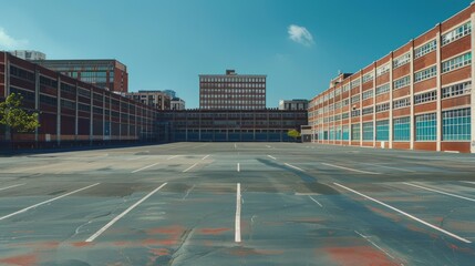 Close-up view of an empty parking lot surrounded by buildings on a sunny summer day. Ai generated image