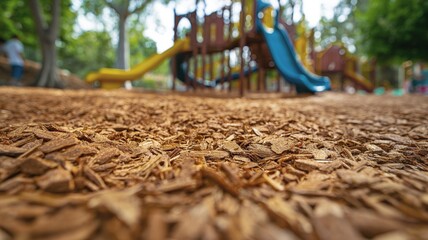 Vibrant playground showcasing a variety of colorful equipment on a soft rubber mulch ground cover, creating a safe and fun environment for children to play