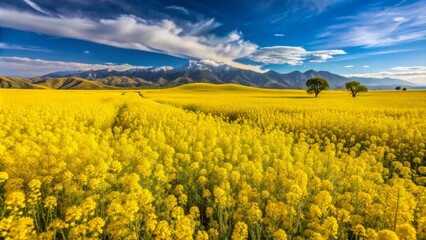 Fototapeta premium Golden Field with Mountain and Clouds, Landscape Photography, Field of Flowers, Mountains, Nature, Yellow, Spring