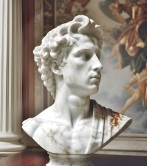 Ancient white marble statue bust of a roman soldier or the demigod hero Hercules. According to Greek mythology, despite not being a God, Hercules was welcomed into Mount Olympus.