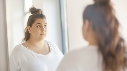 Woman looking in mirror, self-reflection, female staring at her reflection, natural beauty, body positivity, mental health, contemplation, plus-size, confidence concept
