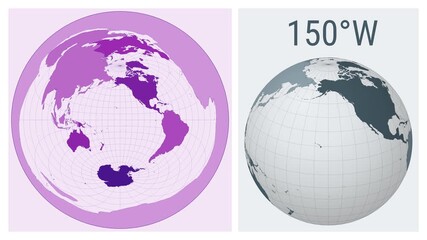 World Map Animation. Azimuthal equidistant projection. Colored continents style. Animated world map in Azimuthal Equidistant projection. Loopable animation showing longitude shift and matching globe.