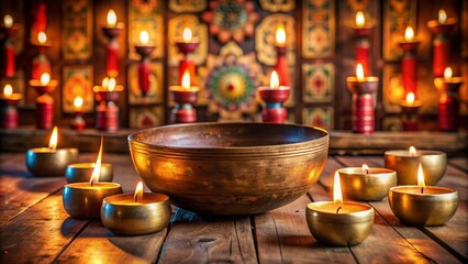 Obraz premium Golden Singing Bowl with Candles, Meditation , Peace , Calm , Relaxation