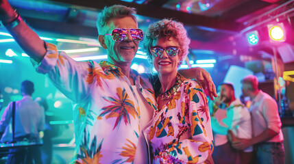 Fototapeta premium Happy senior couple dancing in nightclub, vibrant disco lights, trendy outfits, joyful celebration, nightlife concept