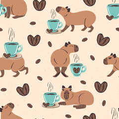Seamless pattern with funny capybaras and coffee cups. Cute animals with coffee beans repeat design. Cartoon jungle animals background.