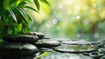 zen stones with bamboo leaves background backdrop for product placement