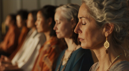 Obraz premium Group of woman in meditation practicing mindfulness and relaxation class in studio