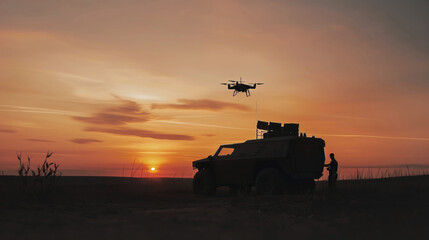 Fototapeta premium Silhouette of drone, military vehicle, and soldier at sunset, unmanned aircraft concept
