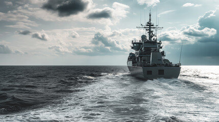 Navy warship sailing through open sea under cloudy sky, leaving wake in water, powerful vessel concept