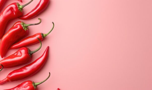 Top view of colorful peppers on a pink background