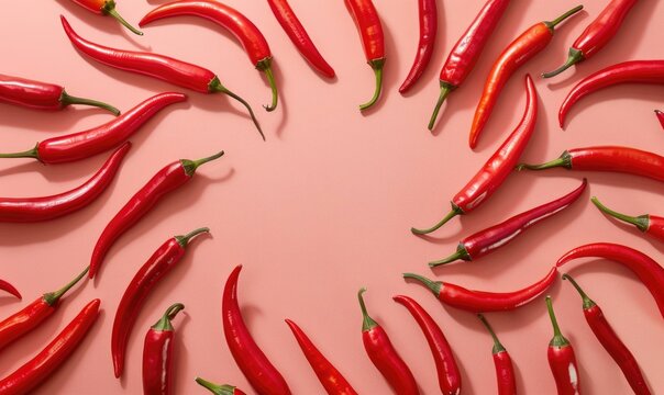 Top view of a mixed chili peppers, arranged in a sunburst pattern on a pink background