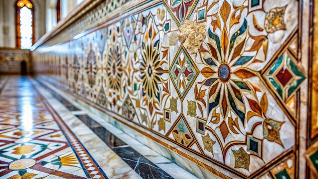 Intricate Floral Mosaic in a Grand Hall, Islamic architecture, intricate designs, mosaic art, stonework