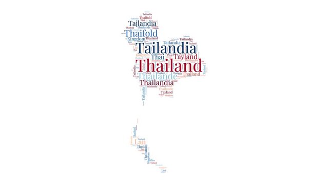 Thailand shape word cloud animation. Country boundary filled with country names animated. Thailand presentation video.