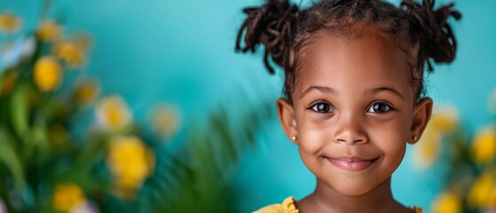 Fototapeta premium A child's face, tightly framed, surrounded by yellow flowers in the background A blue wall recedes into the distance