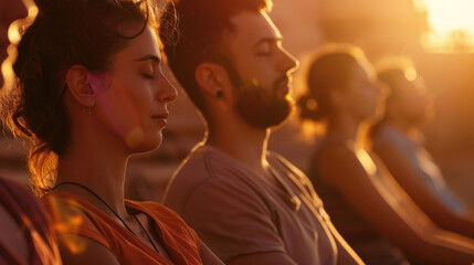 Group of people in yoga meditation class in studio in morning golden warm light